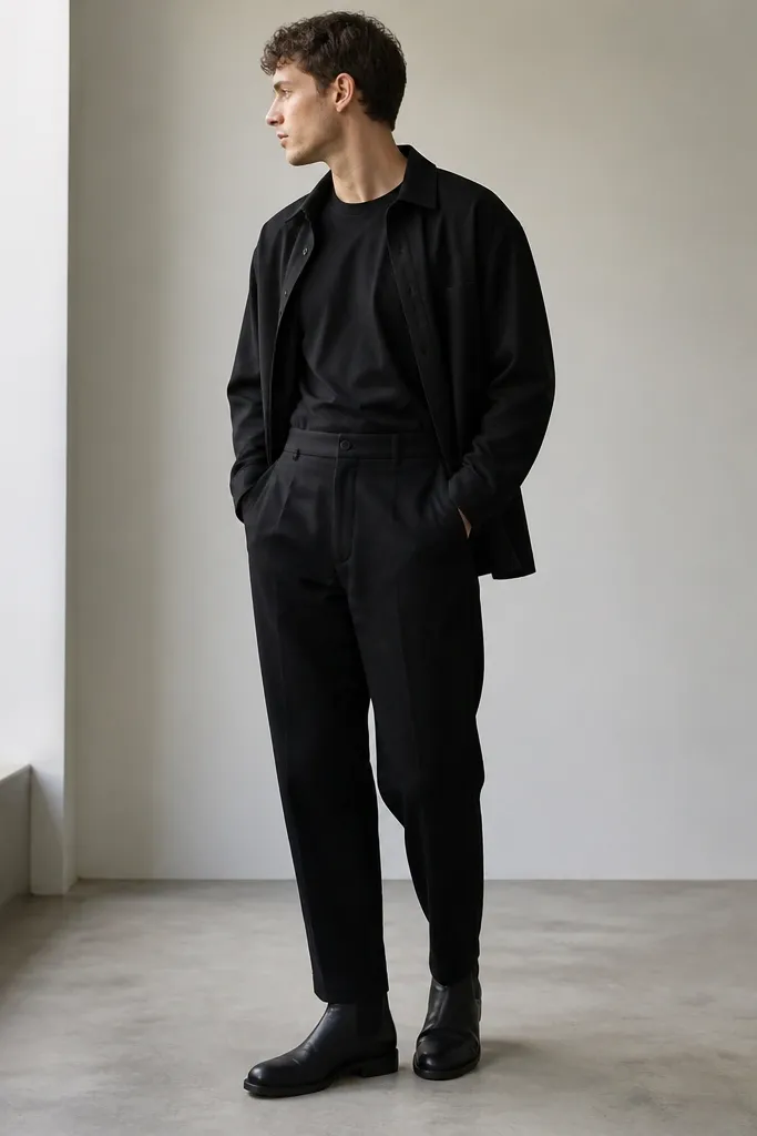 A minimal monochrome look: black performance tee tucked into black linen pants. A matte black overshirt is worn open, and black Chelsea boots sit snug at the ankle. The overshirt has a smooth finish, not shiny.