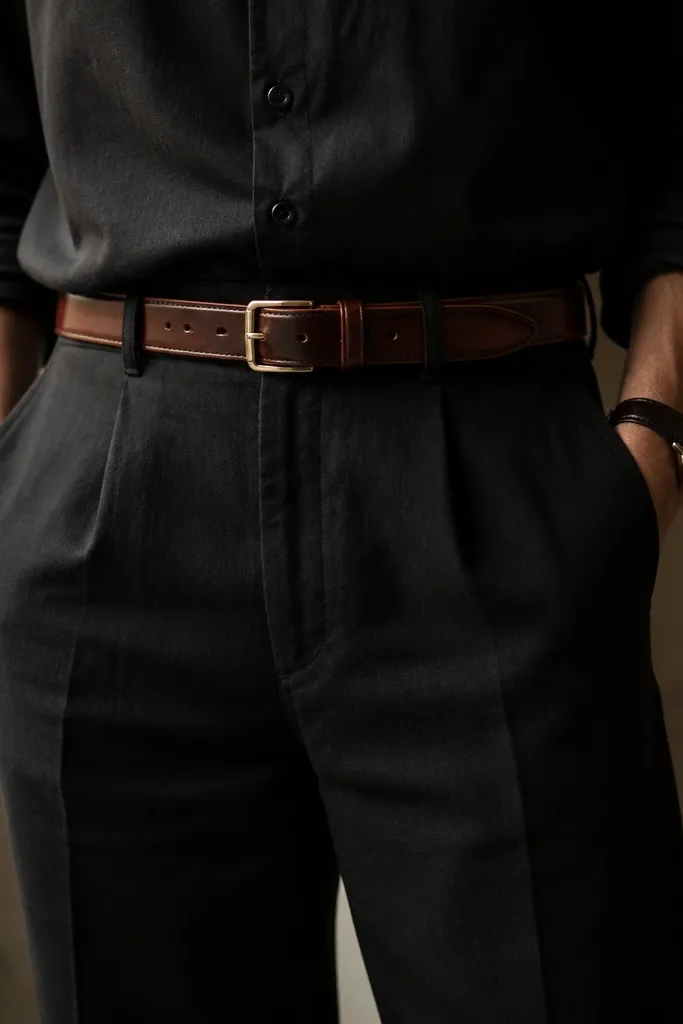 A monochrome outfit with a twist: black linen pants and a black shirt, but the belt is clearly deep brown leather. Shoes are black leather loafers. The photo focuses on the waist area where the brown belt catches light against black fabric.
