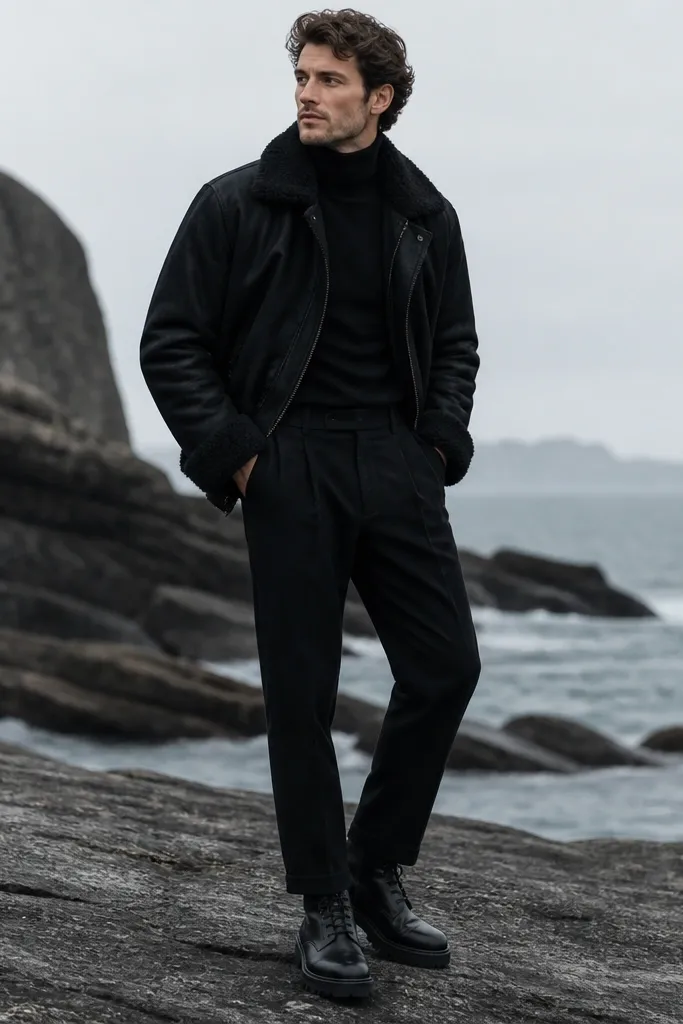 A colder-weather monochrome look: black jacket with a shearling collar and cuffs, worn over a black turtleneck. The black linen trousers show a clean break at the ankle. Shoes are black rugged leather boots, matte and slightly textured.