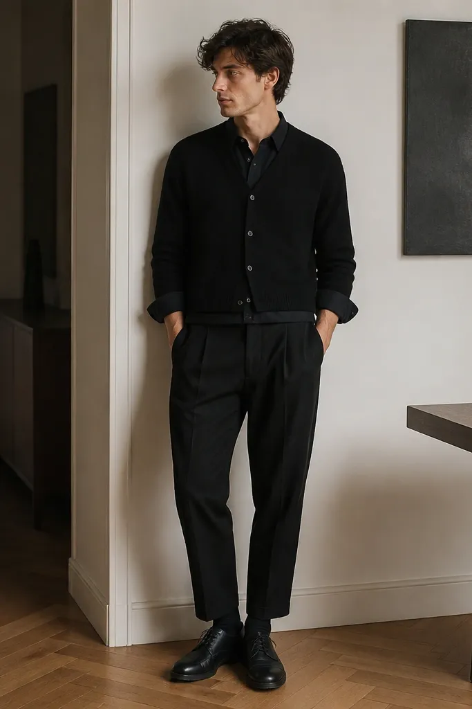 A layered monochrome outfit: black button-down shirt peeking at the collar and sleeves, covered by a short black cardigan that ends around the waistband. Black linen trousers taper neatly. Shoes are black leather derby shoes, matte.