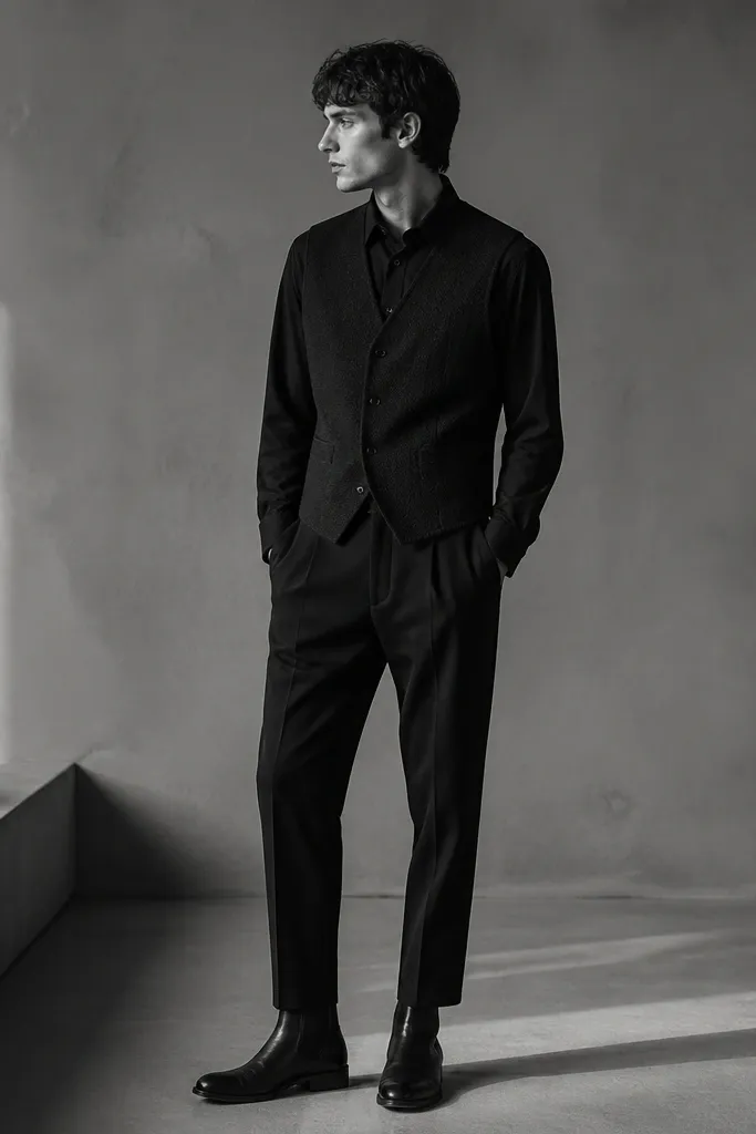A monochrome styling photo: black wool blend vest worn over a black long-sleeve shirt. The vest has a subtle texture and a V opening. Black linen pants taper and show a clean crease near the ankle. Shoes are black leather boots.