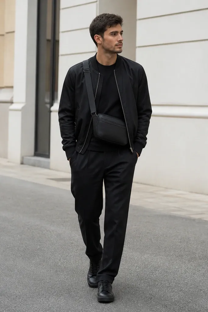 A street photo: black bomber over a black tee, black linen pants, and a matte black belt bag worn cross-body at the waist level. Shoes are matte black sneakers. The bag has a structured shape and dark hardware.