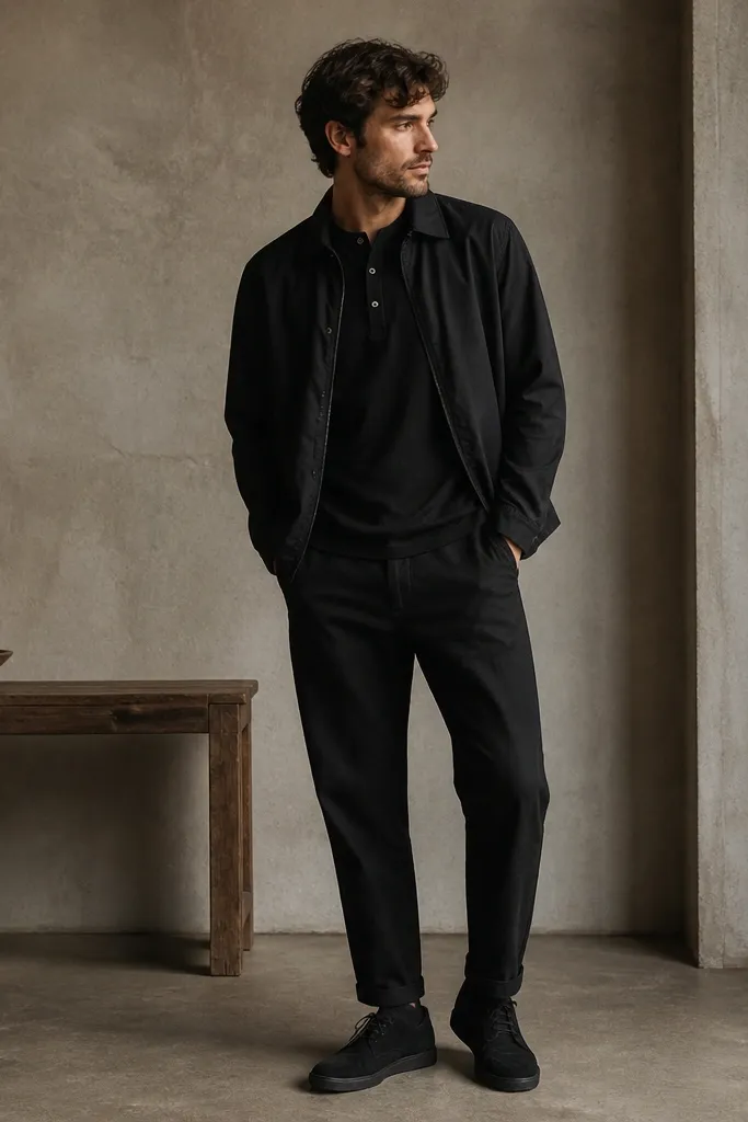 A casual monochrome outfit: black long-sleeve henley with two buttons showing, worn under a short black jacket. The black linen pants taper with a crisp ankle break. Shoes are black suede sneakers or suede chukkas, matte and textured.
