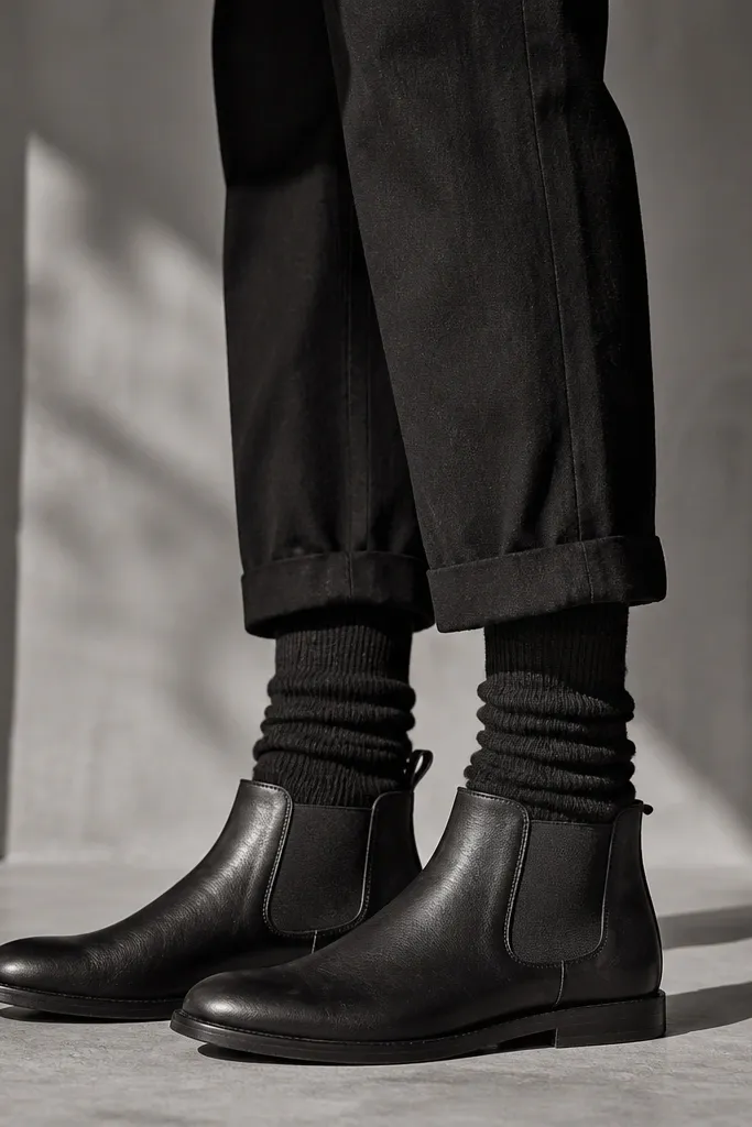 A monochrome fashion shot: black linen pants with a clean ankle break, paired with black over-the-knee socks pulled up above the ankle. Black Chelsea boots sit over the socks. The outfit looks intentional, with sock texture visible between trouser hem and boot top.