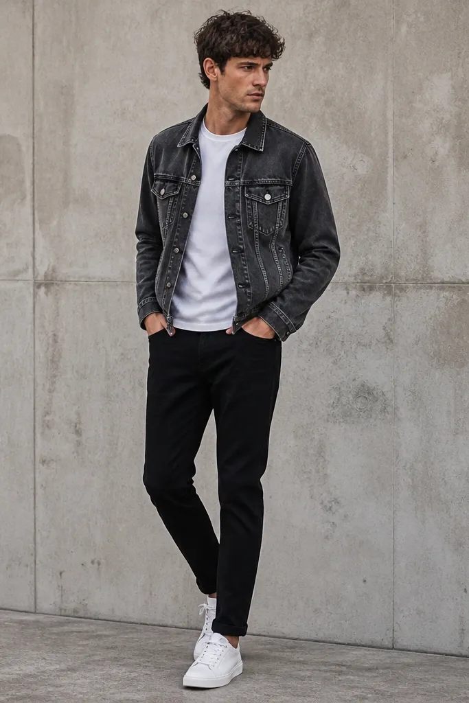A model wearing washed black denim jacket over a plain white T-shirt, black tapered jeans, and clean white low-top sneakers; the jacket hem sits around mid-zip length.