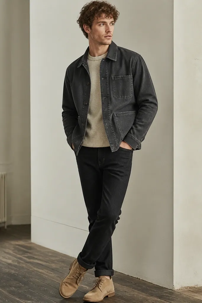 A model in a charcoal chore jacket over an oatmeal crewneck knit, black jeans, and tan suede desert boots; the jacket has a relaxed fit with visible workwear seams.