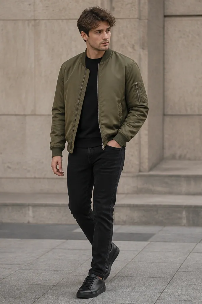 A model wearing an olive bomber jacket over a black crewneck sweater, black jeans, and black leather sneakers; ribbed cuffs and waistband are visible.