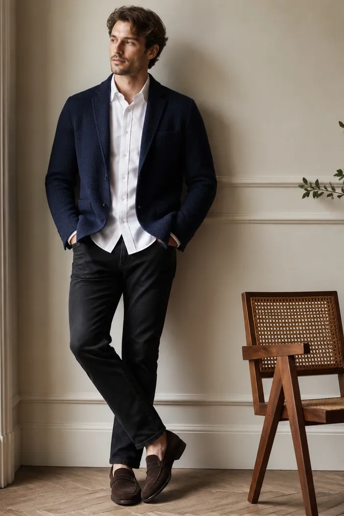 A model in a navy knit blazer worn open over a crisp white button-down, black slim-taper jeans, and dark brown suede loafers; the blazer has a clean knit texture.