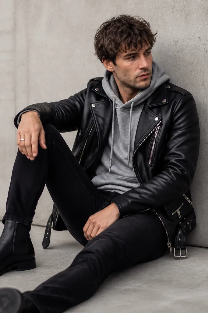 A model wearing a black leather moto jacket over a heather gray hoodie, black jeans, and black Chelsea boots; zippers and strap details are visible.