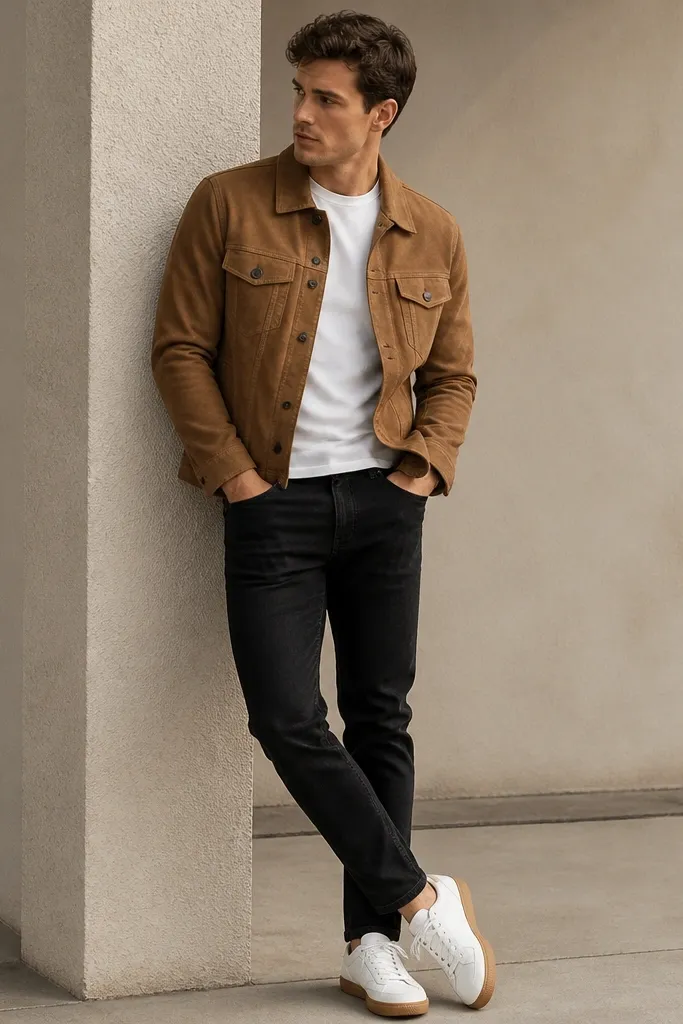 A model in a tan suede trucker jacket over a white T-shirt, black straight-taper jeans, and white sneakers with gum soles; suede texture is clearly visible.