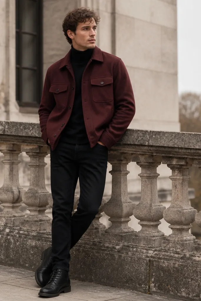 A model wearing a burgundy wool blend overshirt over a black turtleneck, black jeans, and black lace-up boots; the overshirt has a button front and structured wool texture.