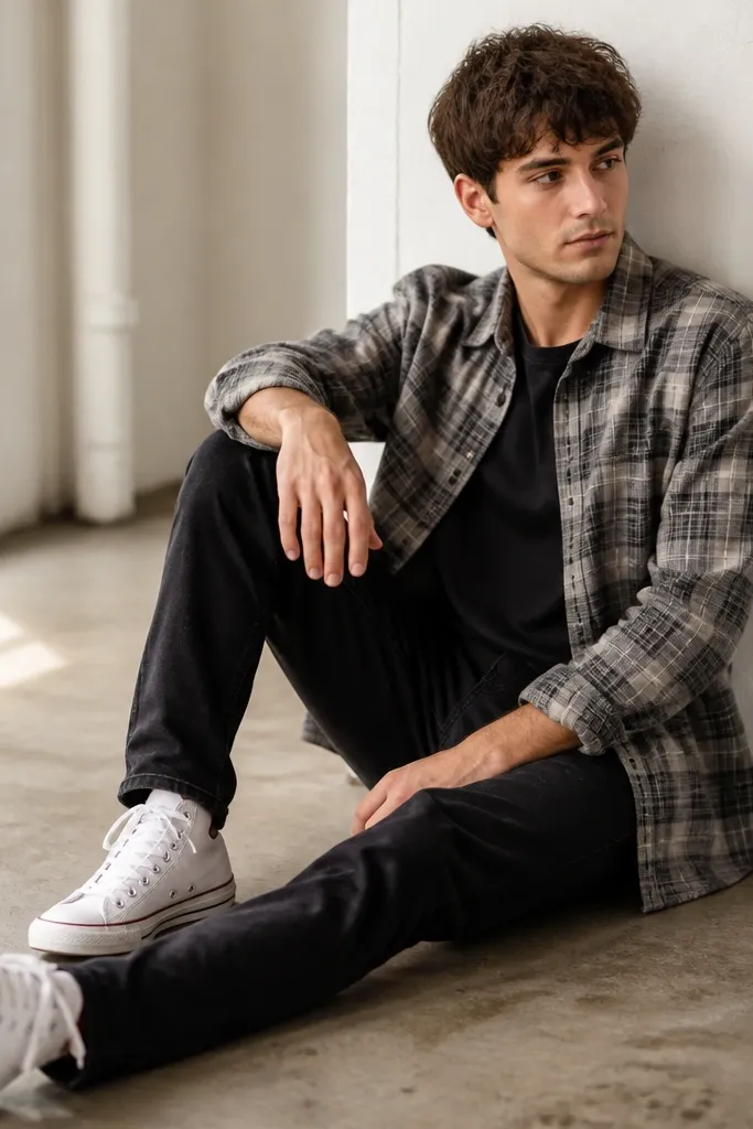 A model wearing a gray plaid flannel overshirt over a dark tee, black jeans, and classic white canvas sneakers; the overshirt sleeves are slightly rolled.