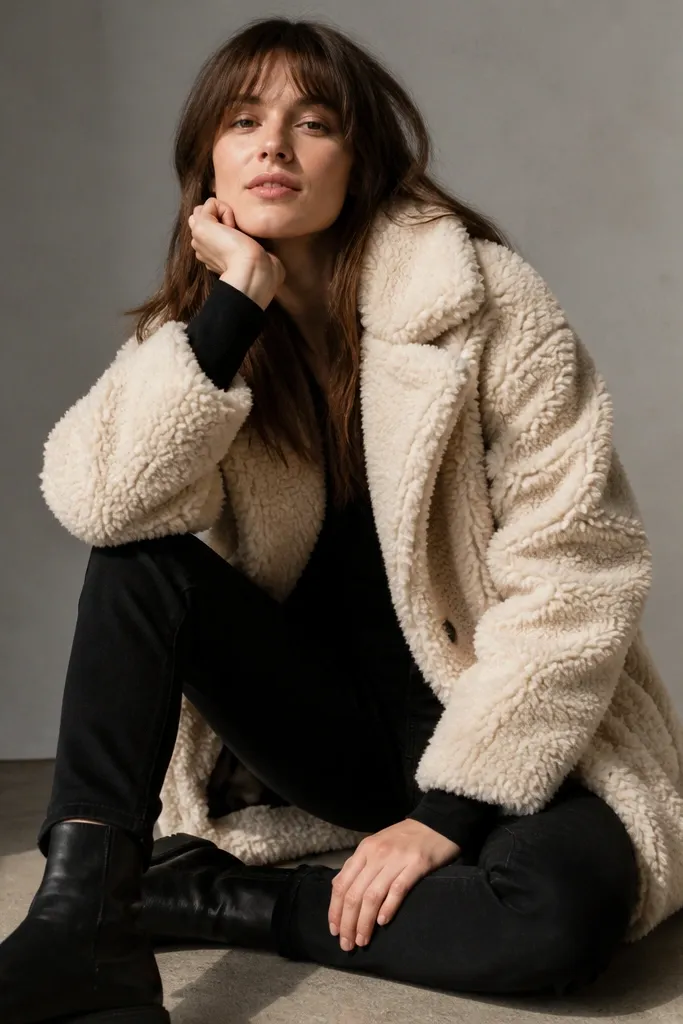 A model wearing a cream sherpa jacket over a black long-sleeve shirt, black jeans, and black boots; the sherpa fleece is thick and shaggy.