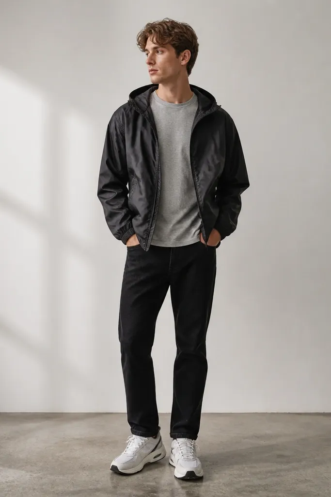 A model wearing a black nylon windbreaker over a heather gray tee, black jeans, and white running-style sneakers; the jacket has a subtle sheen and a hood.