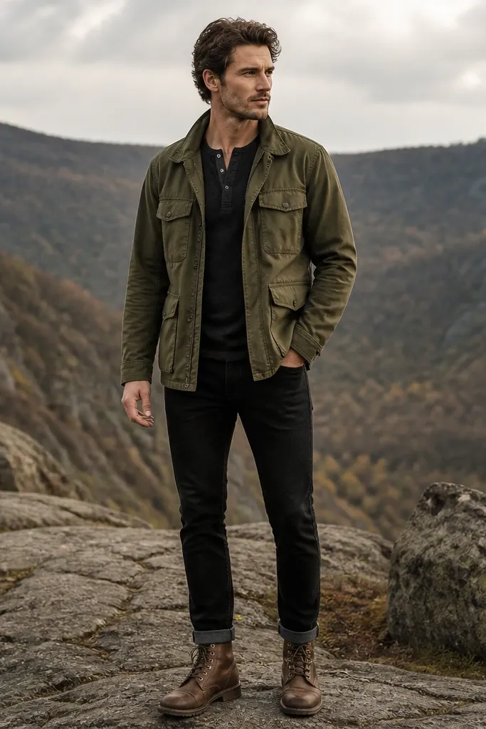 A model in an olive canvas field jacket with multiple pockets over a dark henley, black jeans, and brown lace-up boots; the jacket has a structured fieldwear look.