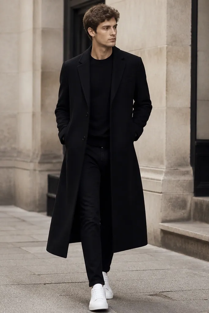A model wearing a black wool overcoat over a black crewneck, black jeans, and clean white sneakers; the overcoat is tailored at the waist with a long line.