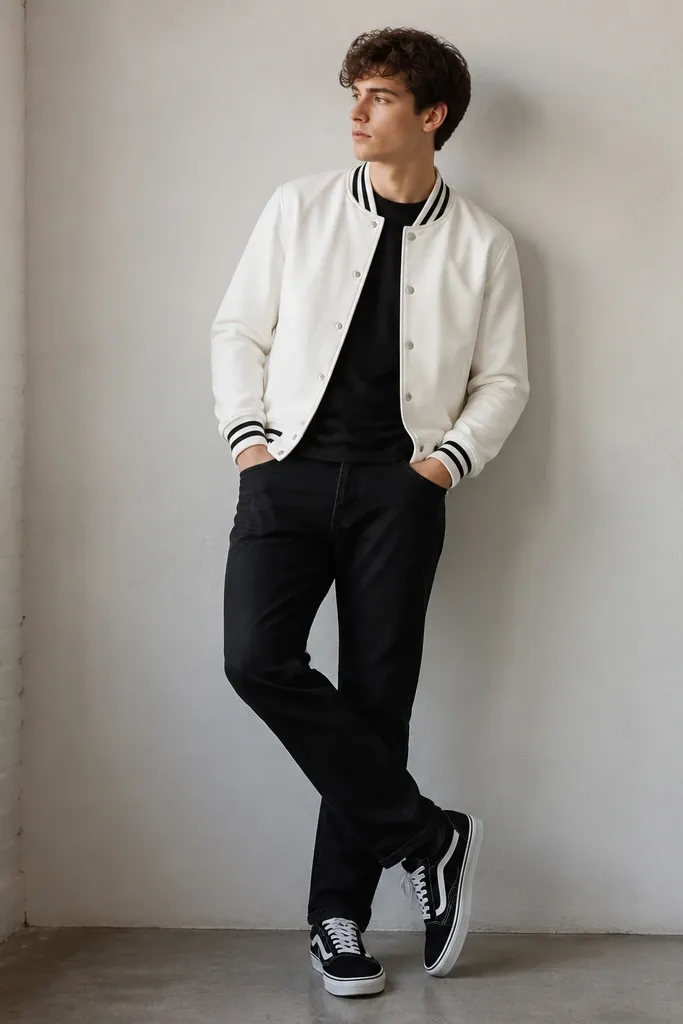 A model wearing a white varsity jacket over a black T-shirt, black jeans, and black-and-white sneakers; the jacket has striped rib cuffs and collar.