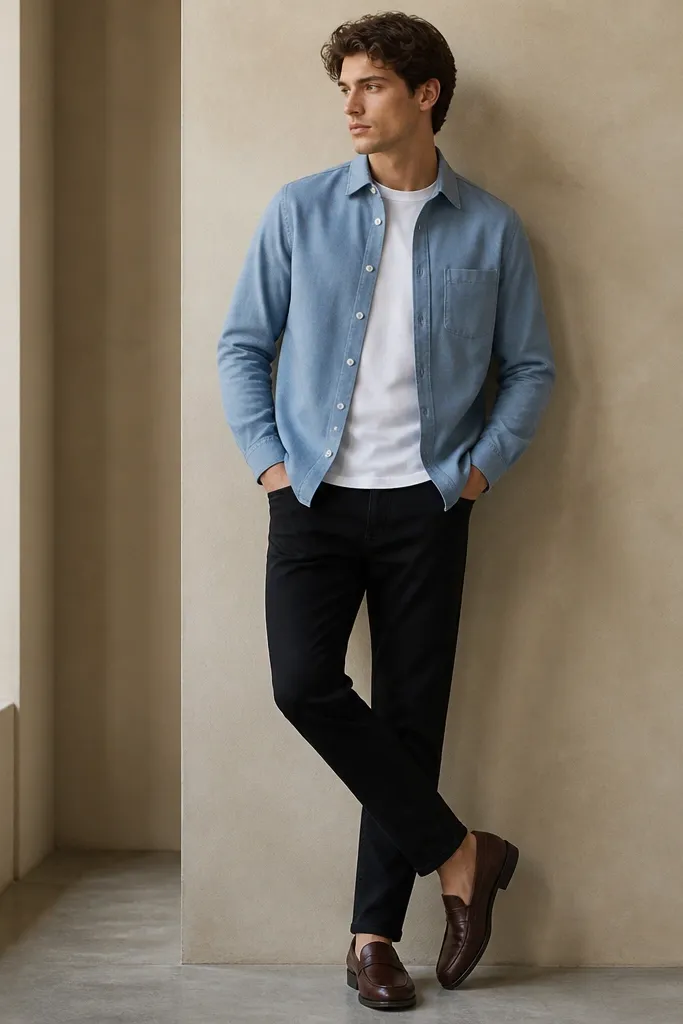 A model wearing a light blue shirt jacket over a white tee, black jeans, and dark brown loafers; the shirt jacket has a clean button front.