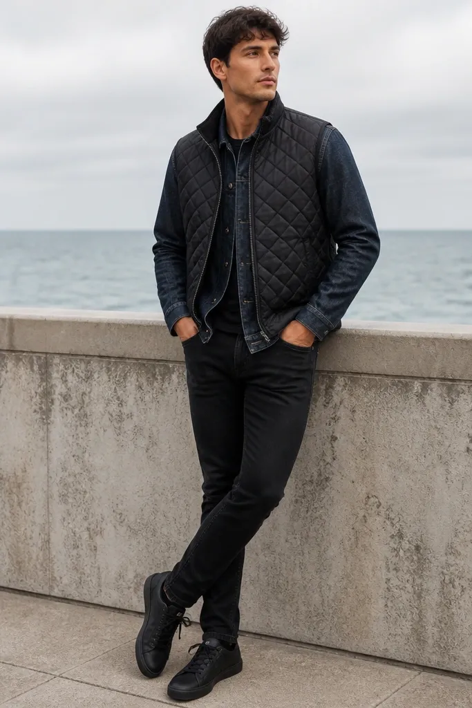 A model wearing a black quilted vest over a denim jacket or long-sleeve layer, black jeans, and black sneakers; the quilted texture is visible.