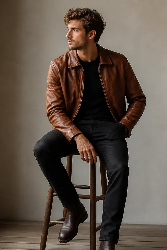 A model in a cognac brown leather jacket over a black crewneck tee, black jeans, and dark brown boots; the leather shows warm tone and natural grain.