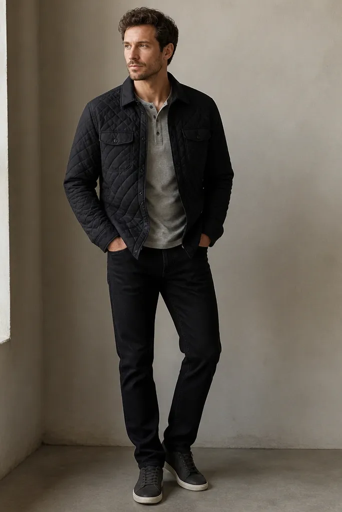 A model wearing a black quilted overshirt over a gray henley, black jeans, and dark gray sneakers; the overshirt has a diamond quilt pattern.