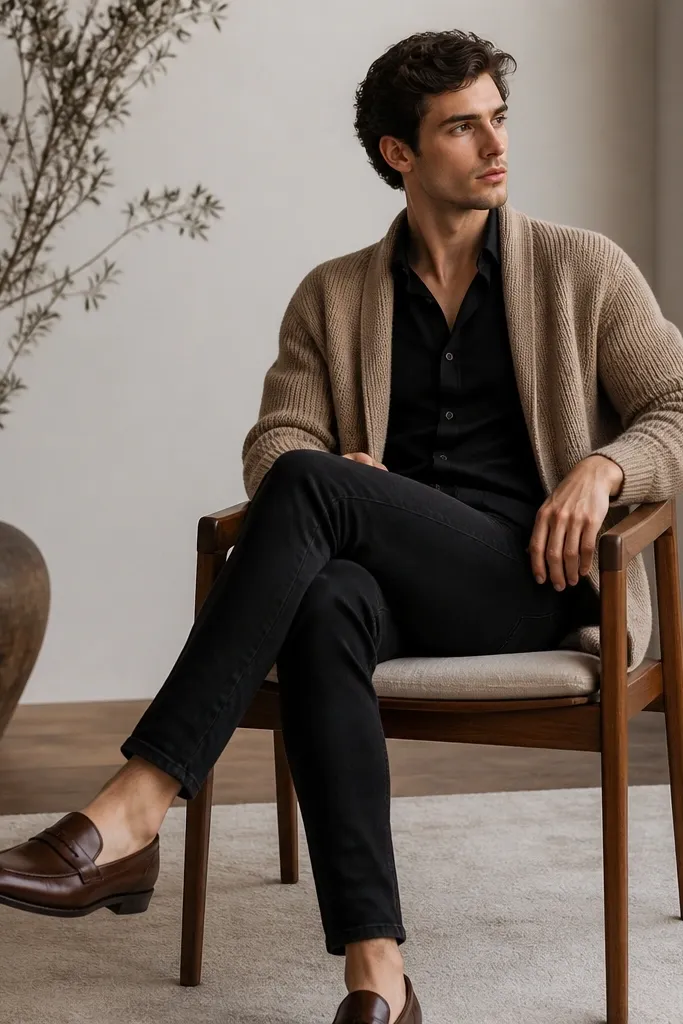 A model wearing a tan knit cardigan over a black button-up shirt, black jeans, and brown leather loafers; the cardigan is open with visible knit texture.