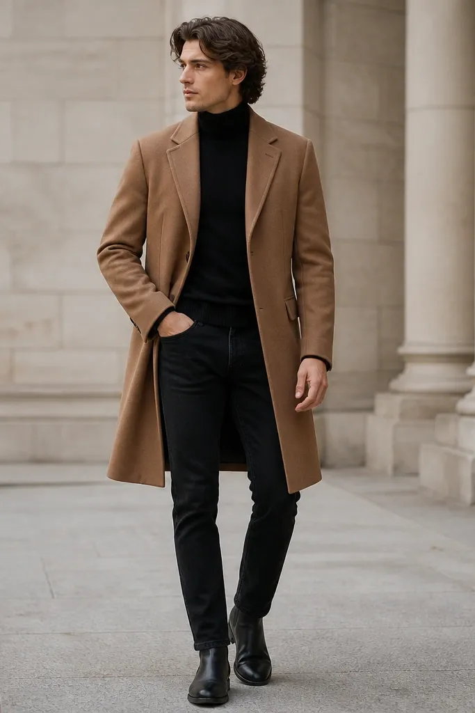 A model wearing a camel overcoat over a black turtleneck, black jeans, and black leather boots; the overcoat has a structured collar and clean lapels.
