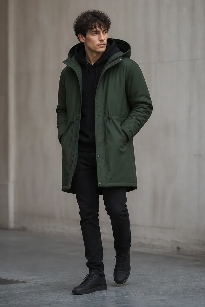 A model wearing a forest green parka over a black hoodie, black jeans, and dark sneakers; the parka has a hood and a drawstring waist.