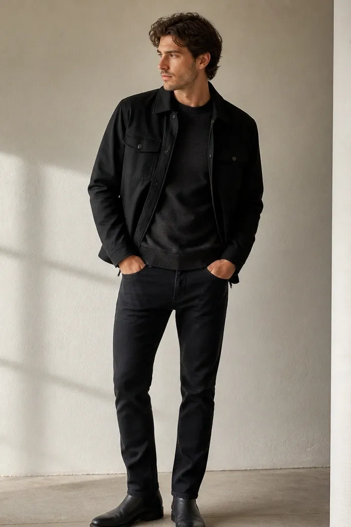 Modern black jeans outfit mens with jacket