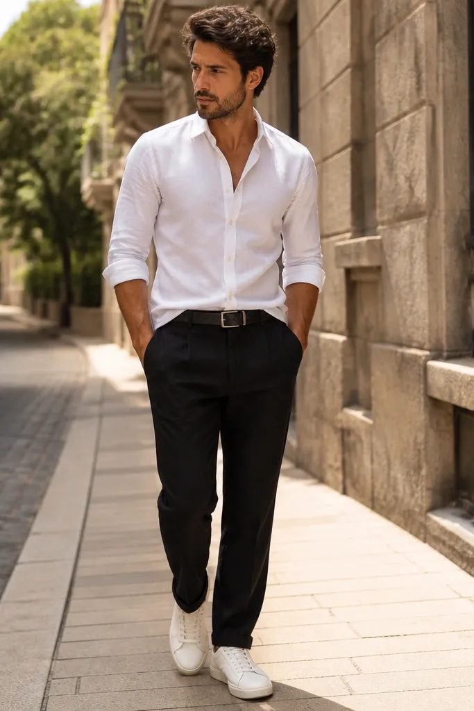 Man in black linen pants wearing a crisp white oxford button-down with sleeves rolled to mid-forearm, top two buttons open, black belt, and white leather sneakers. The outfit is photographed on a sunny street with the shirt slightly tucked at the front.