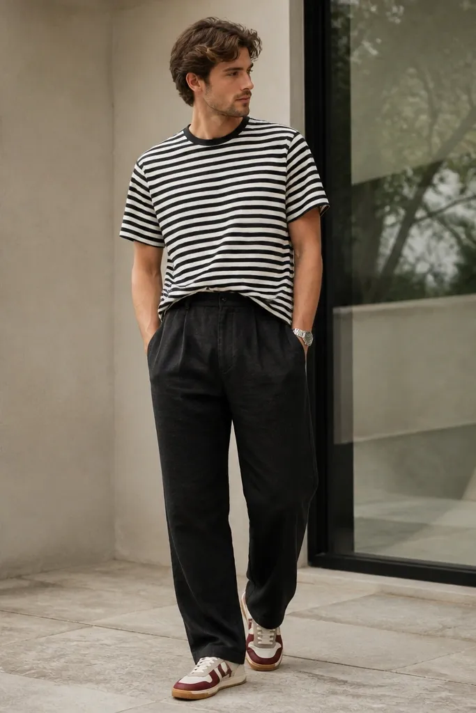 Person wearing black linen pants with a black-and-white striped short-sleeve tee. The tee is lightly tucked at the front and paired with red-accent sneakers. A silver watch is visible.
