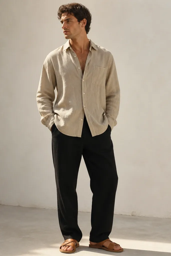 Person wearing black linen pants with a sand-beige linen shirt. The shirt is partially buttoned and slightly loose, with the sleeves down. Tan leather sandals sit at the bottom of the frame.