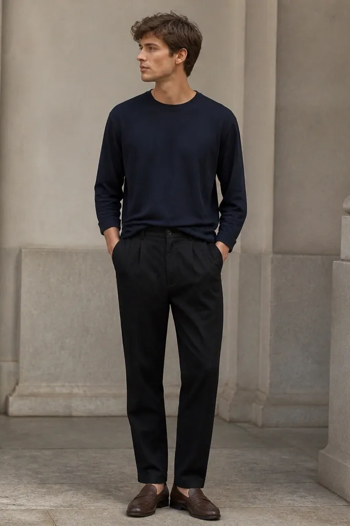 Person wearing black linen pants with a navy crewneck sweater that looks thin and breathable. The sweater is tucked at the front slightly and paired with dark brown leather loafers.