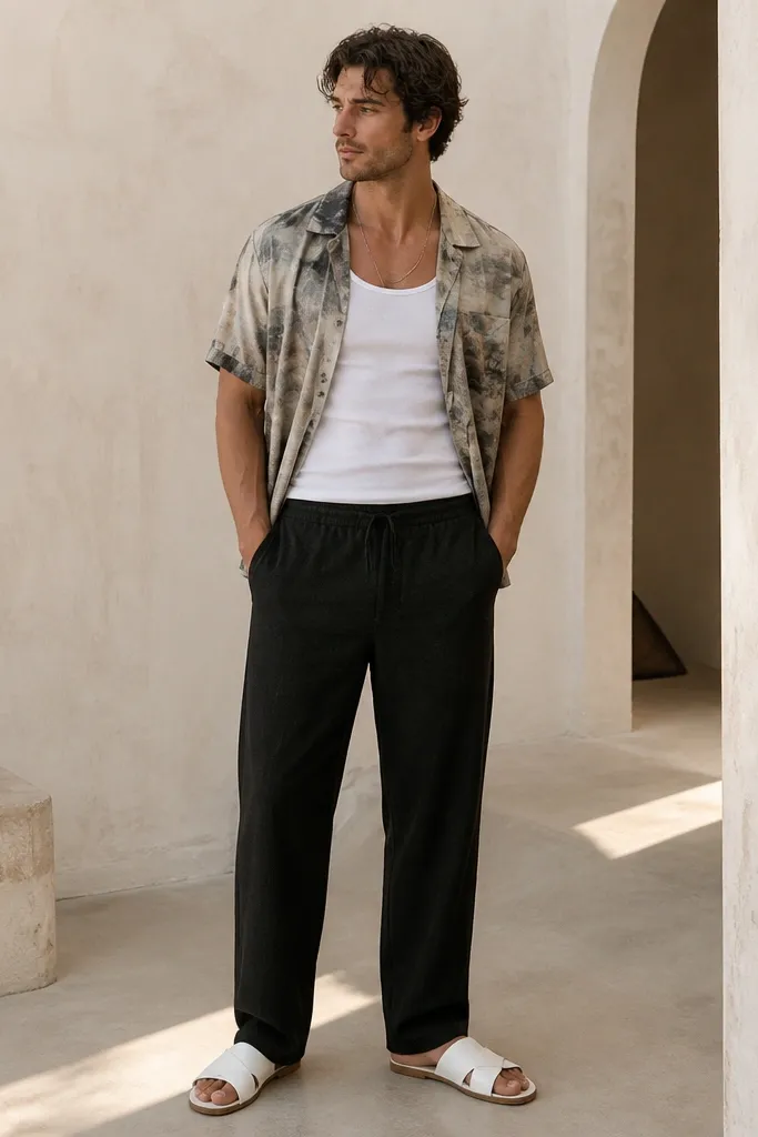 Person wearing black linen pants with a white tank top underneath an open short-sleeve shirt in a muted pattern. A thin chain necklace is visible and the shoes are white leather slides.
