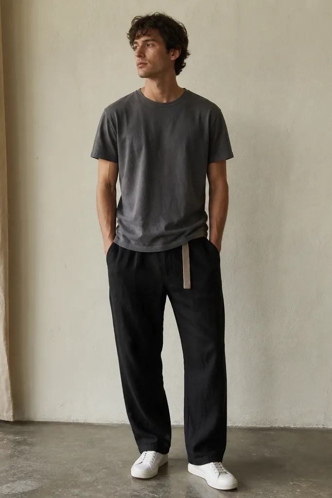 Person in black linen pants wearing a washed gray t-shirt with a slightly boxy fit. The tee looks soft and broken-in. White sneakers and a simple canvas belt are visible.