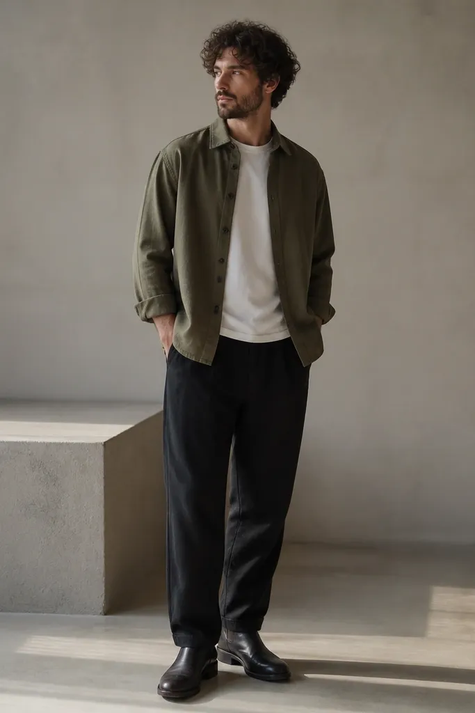 Person wearing black linen pants with an olive overshirt that has black buttons. The overshirt is open at the front and worn over a white tee. Outfit is paired with dark boots.