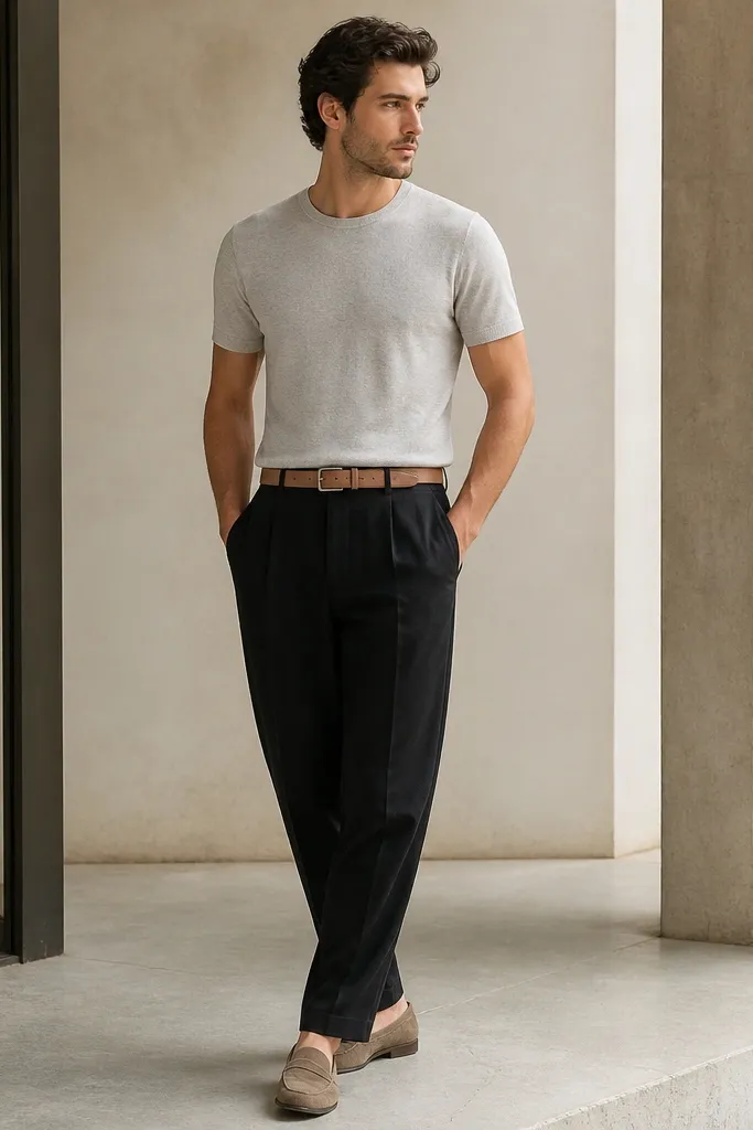 Person wearing black linen pants with a light gray knit shirt (short sleeve or thin long sleeve) and camel suede loafers. The shirt is tucked neatly and the belt is light brown.
