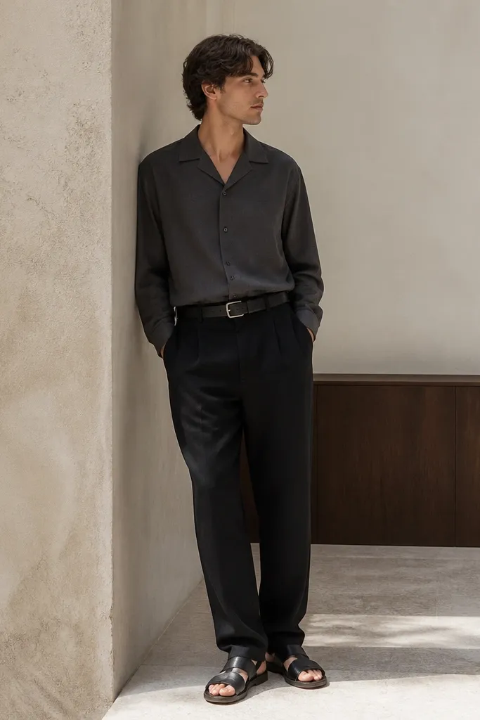 Person wearing black linen pants with a charcoal camp collar shirt. The shirt is buttoned and slightly relaxed, paired with a black leather belt and black leather sandals.