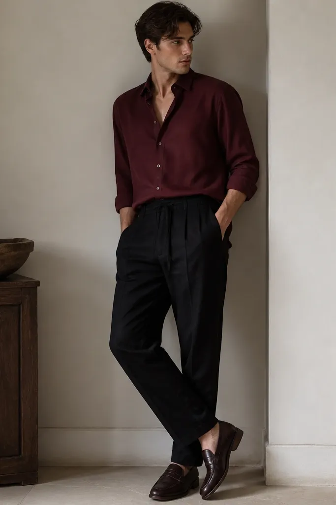 Person wearing black linen pants with a burgundy long-sleeve shirt. Sleeves are rolled once to the forearm, and the shirt is tucked at the front. Burgundy looks deep and matte; shoes are dark brown leather.