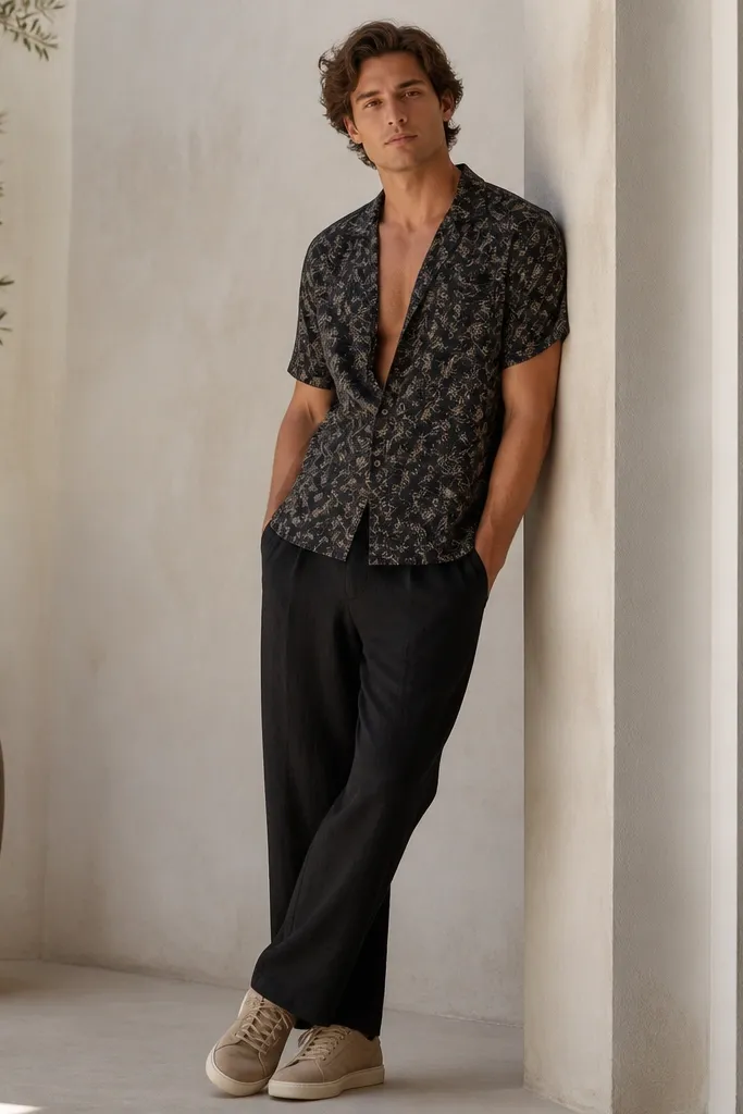 Person wearing black linen pants with a short-sleeve camp shirt in a subtle pattern, like small botanical shapes in beige and gray on a dark base. The shirt is open at the front. Shoes are neutral tan sneakers.