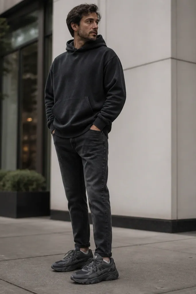 A man wearing a washed black pullover hoodie and charcoal tapered jeans. He's standing on a sidewalk with modern Nike sneakers that have dark panels and a chunky sole; the shoes are the focal point under the hem.