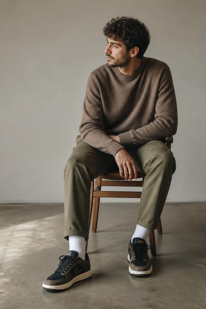 A person in a mocha brown crewneck sweater and olive green chinos. The modern Nike Travis Scott-style sneakers in brown/black tones sit clearly above the cuff, with the laces centered.