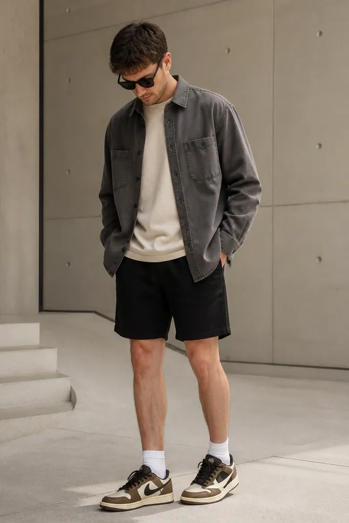A person wearing a cream t-shirt under a stone-grey overshirt. Black shorts end above the knee, and modern Nike shoes in darker Travis Scott tones are visible with ankle socks.
