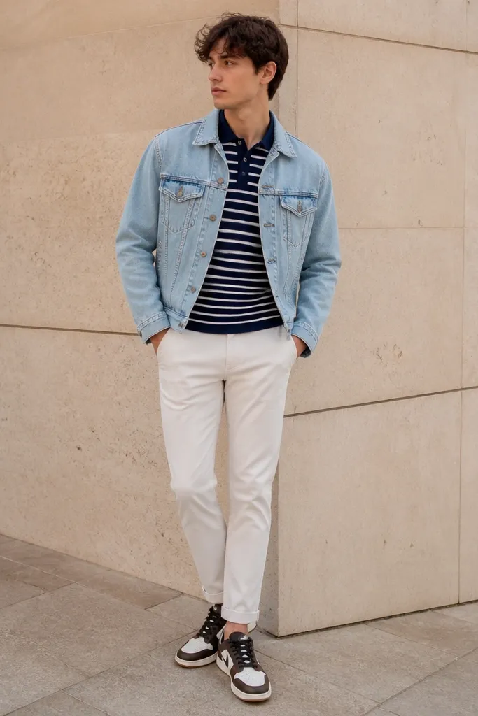 A person wearing a navy and white striped polo with a light washed denim jacket. Off-white pants are slim and ankle-length, and modern Nike shoes with brown/black details are shown clearly.