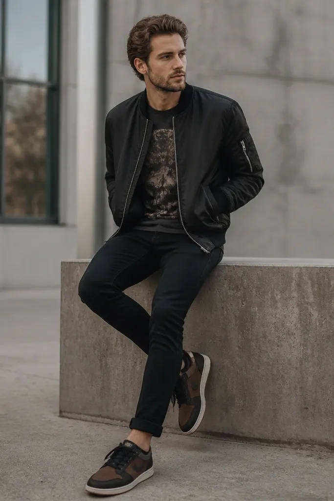 A black bomber jacket over a dark graphic t-shirt. Slim black jeans sit tight at the ankle, and modern Nike shoes in black/brown tones are visible with a clean cuff.