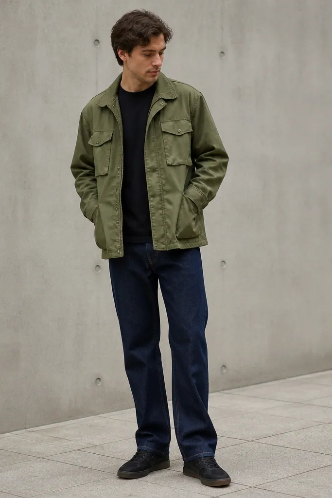 A person wearing an olive field jacket with multiple pockets. A black t-shirt is under it, and straight blue denim shows a clean break over modern Nike shoes with dark brown soles.