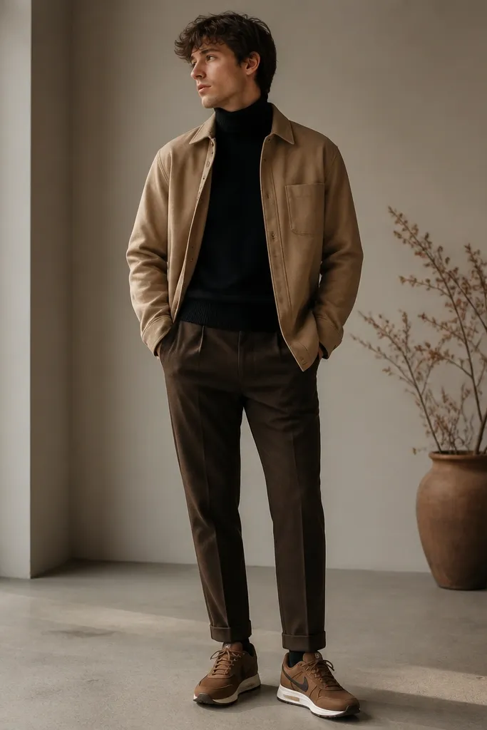 A person in a tan overshirt layered over a black turtleneck. Dark brown chinos are tapered, and modern Nike sneakers in warm brown tones sit under the hem.