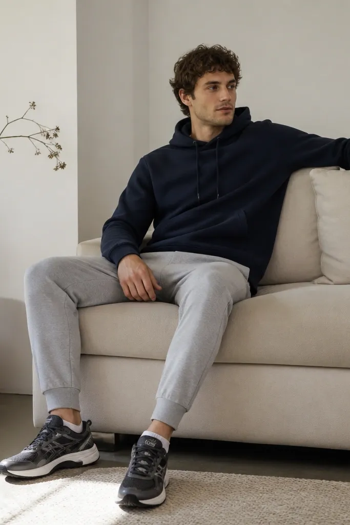 A navy hoodie with grey joggers and low white socks. The modern Nike sneakers are dark with lighter accents, and the shoes show clearly against the lighter jogger hem.