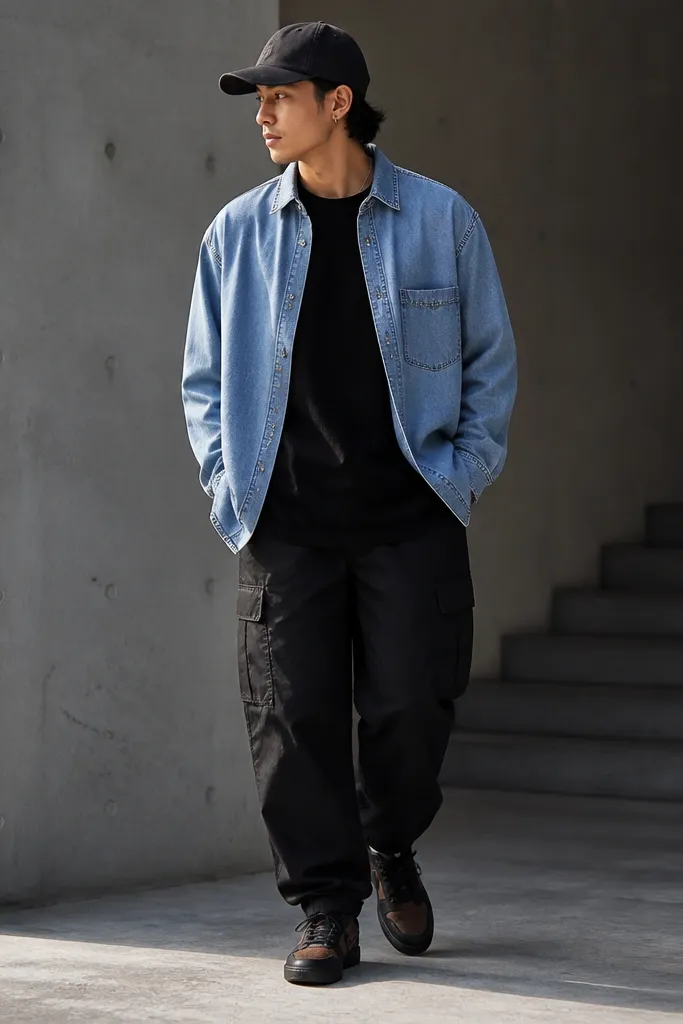 A light denim button-down worn over a black tee. Black cargo pants with side pockets and a dark cap. Modern Nike shoes in dark brown/black tones show under the cargo cuff.