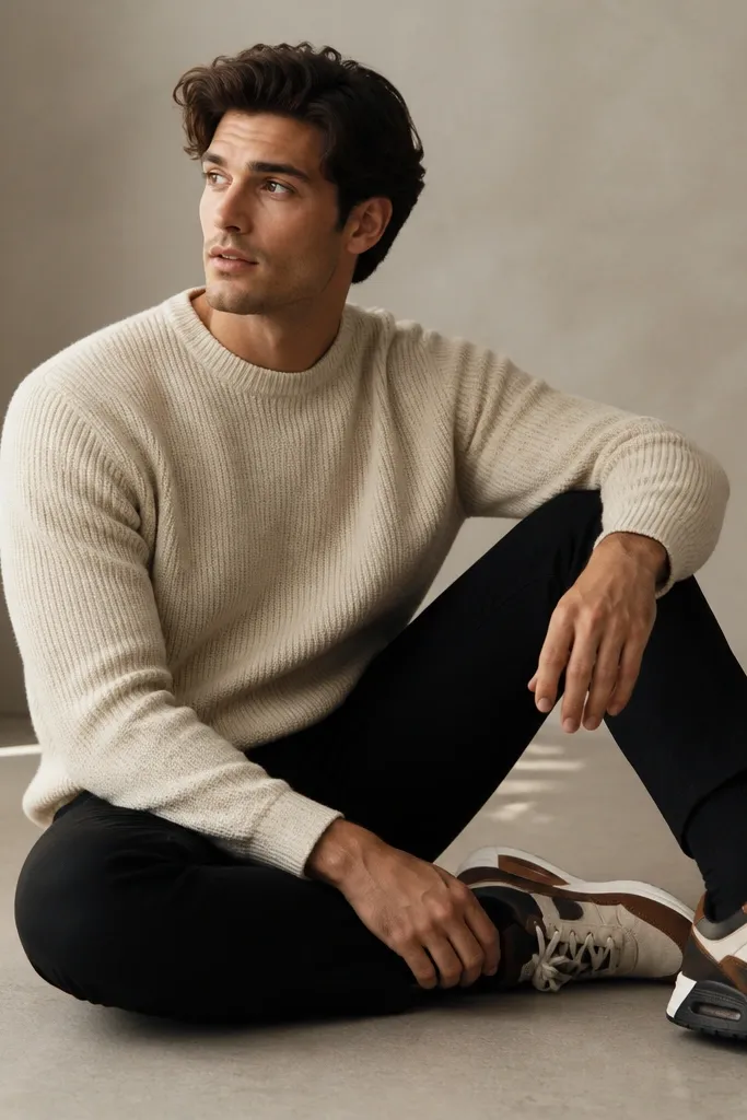 A cream knit sweater with a ribbed texture and black fitted pants. Modern Nike sneakers with warm brown accents are visible at the ankle with black socks.
